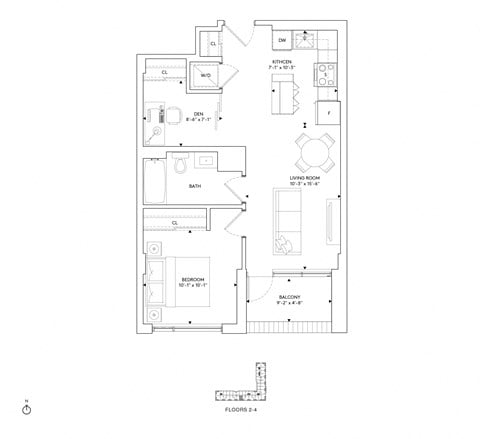 Floor plan for 1 bed, 1 bath, 657 sqft